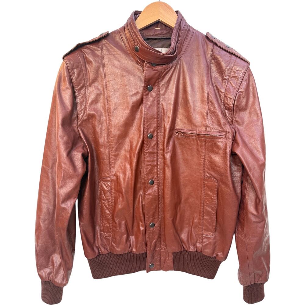 Chess King Leather Bomber Jacket Mens 40 Brown Vintage Snap Front Cafe Racer